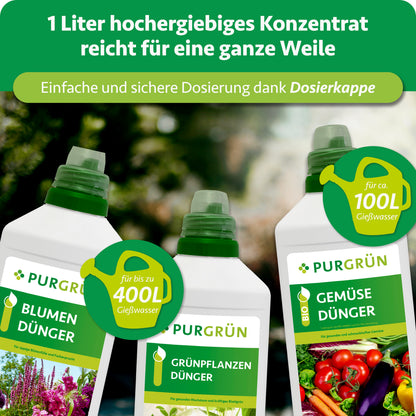 Ein Liter Konzentrat mit Dosierkappe reicht beim Blumendünger für bis zu 400 Liter, beim Bio-Gemüsedünger für ca. 100 Liter Gießwasser.