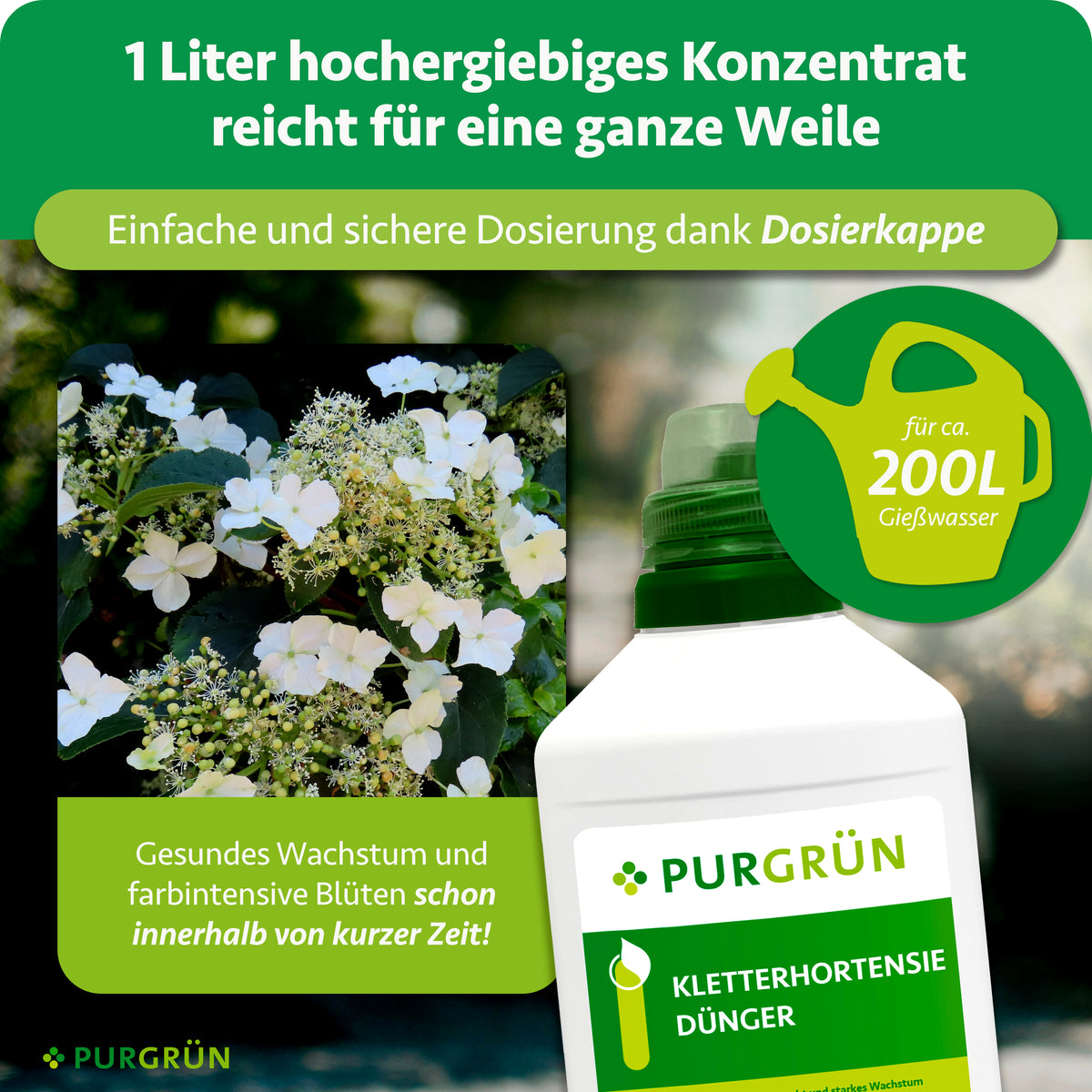 Ein Liter hochergiebiges Konzentrat reicht für ca. 200 Liter Gießwasser; die Dosierkappe ermöglicht eine einfache und sichere Dosierung.