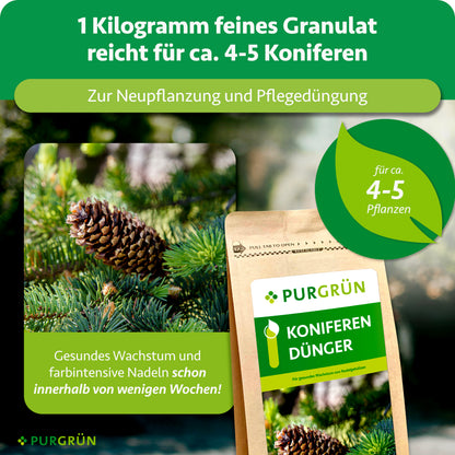 1 kg feines Granulat reicht für ca. 4–5 Koniferen und eignet sich zur Neupflanzung sowie Pflegedüngung.