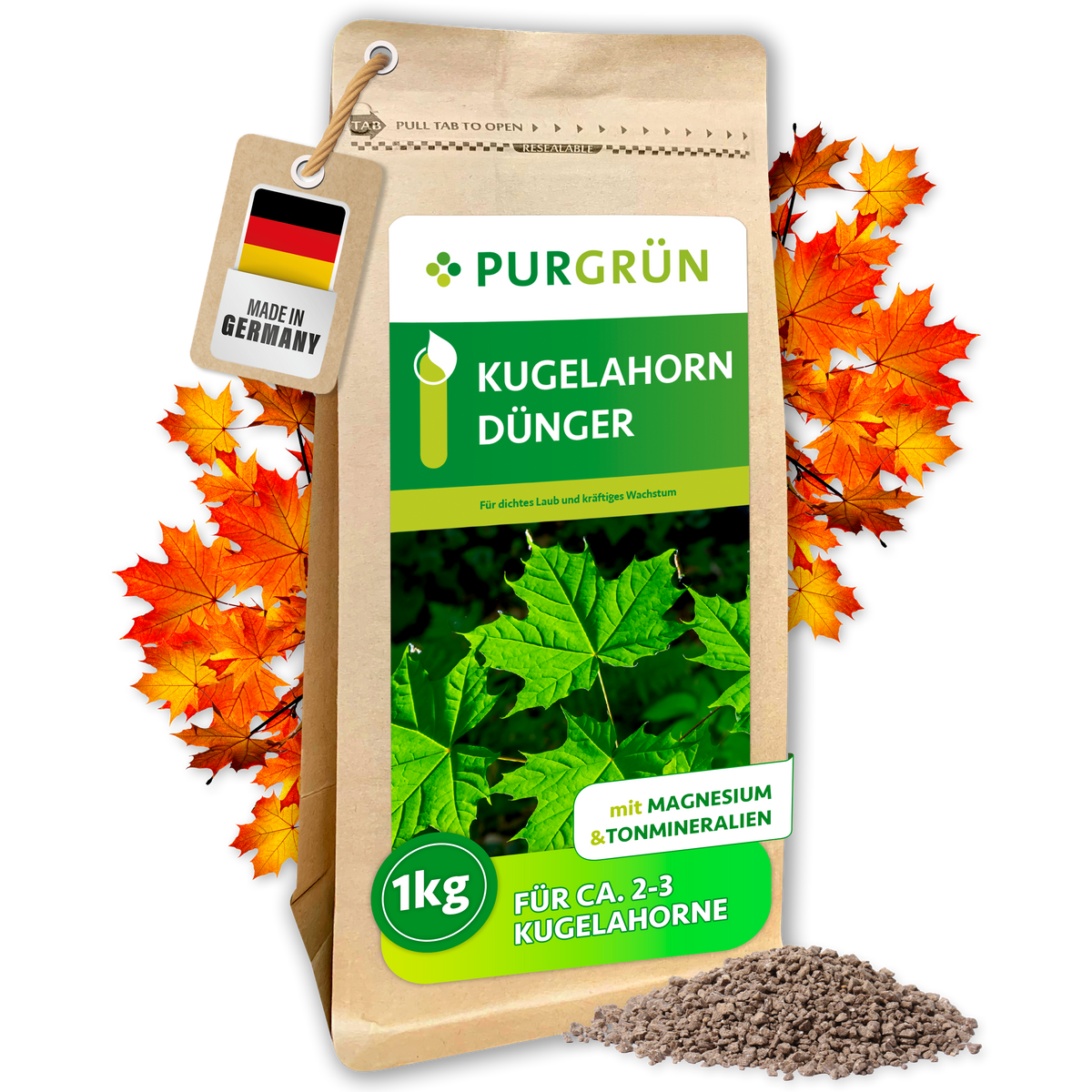 Purgrün Kugelahorn-Dünger im 1-kg-Beutel, mit Magnesium und Tonmineralien für ca. 2–3 Kugelahorne; daneben Granulat und Herbstlaub.