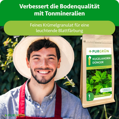 Tonmineralien verbessern die Bodenqualität, feines Krümelgranulat sorgt für eine leuchtende Blattfärbung; daneben ein Gärtner und der Düngerbeutel.