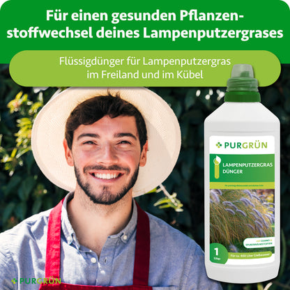 Flüssigdünger für Lampenputzergras im Freiland und im Kübel, dargestellt neben einem lächelnden Gärtner.