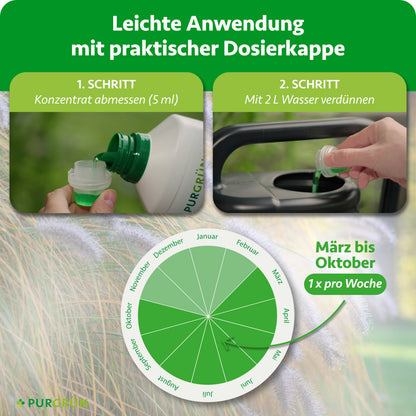 Anwendung von März bis Oktober 1x pro Woche: 5 ml Konzentrat abmessen und mit 2 L Wasser verdünnen.