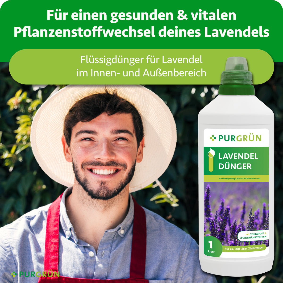 Gärtner neben einer Flasche Purgrün Lavendel-Dünger; Flüssigdünger für Lavendel im Innen- und Außenbereich zur Unterstützung eines gesunden, vitalen Pflanzenstoffwechsels.