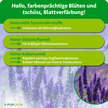 Essenzielle Spurennährstoffe verbessern die Nährstoffaufnahme, ein hoher Stickstoffanteil fördert kräftiges Wachstum und ein hoher Kaliumanteil reguliert Stoffwechselprozesse und schützt vor Frost- und Trockenstress.