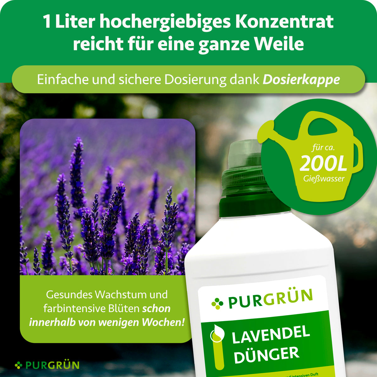 1 Liter Konzentrat reicht für ca. 200 Liter Gießwasser und lässt sich mit der Dosierkappe einfach dosieren; beworben werden gesundes Wachstum und farbintensive Blüten innerhalb weniger Wochen.