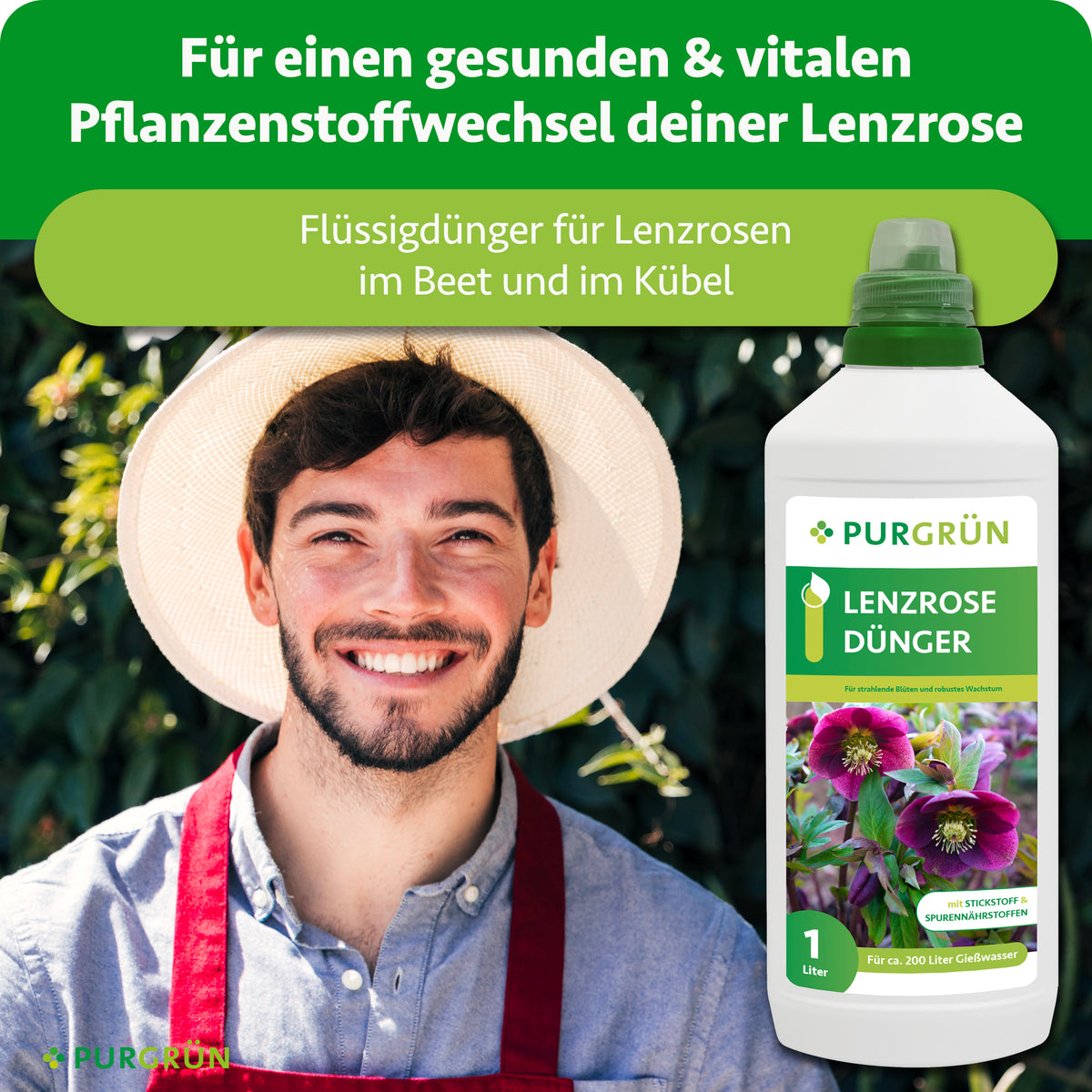 Flüssigdünger für Lenzrosen im Beet und Kübel, dargestellt neben einem lächelnden Gärtner; laut Grafik für einen gesunden und vitalen Pflanzenstoffwechsel.