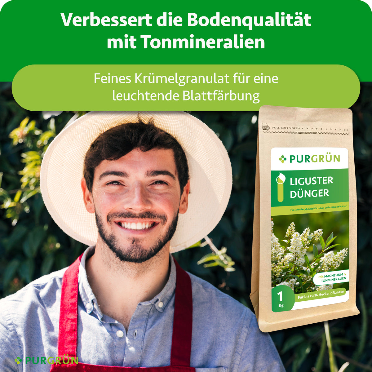 Tonmineralien verbessern die Bodenqualität; feines Krümelgranulat unterstützt eine leuchtende Blattfärbung.