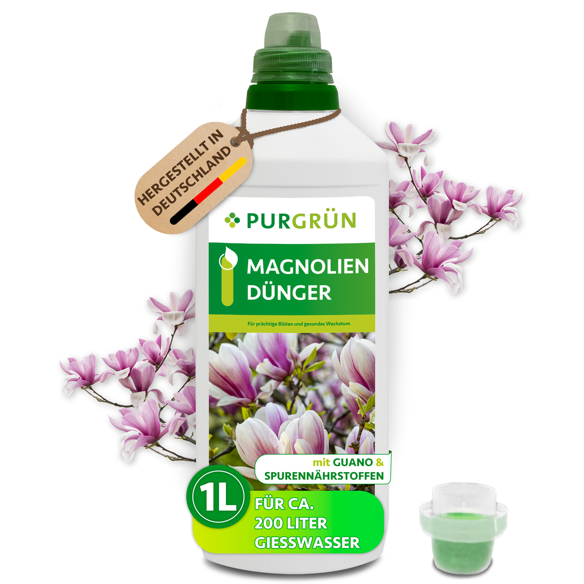 Purgrün Magnoliendünger, 1-Liter-Flasche mit Dosierkappe und rosa Magnolienblüten; ausreichend für ca. 200 Liter Gießwasser.