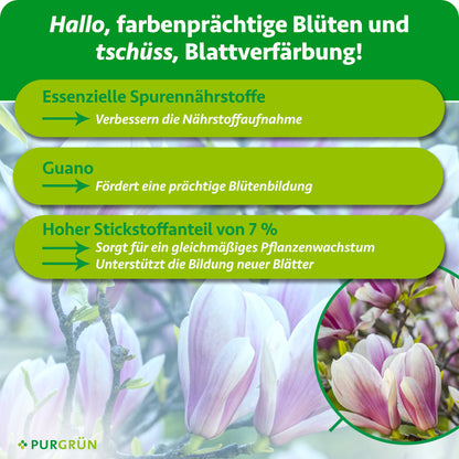 Spurennährstoffe verbessern die Nährstoffaufnahme, Guano fördert die Blütenbildung und 7 % Stickstoff unterstützen gleichmäßiges Wachstum sowie neue Blätter.