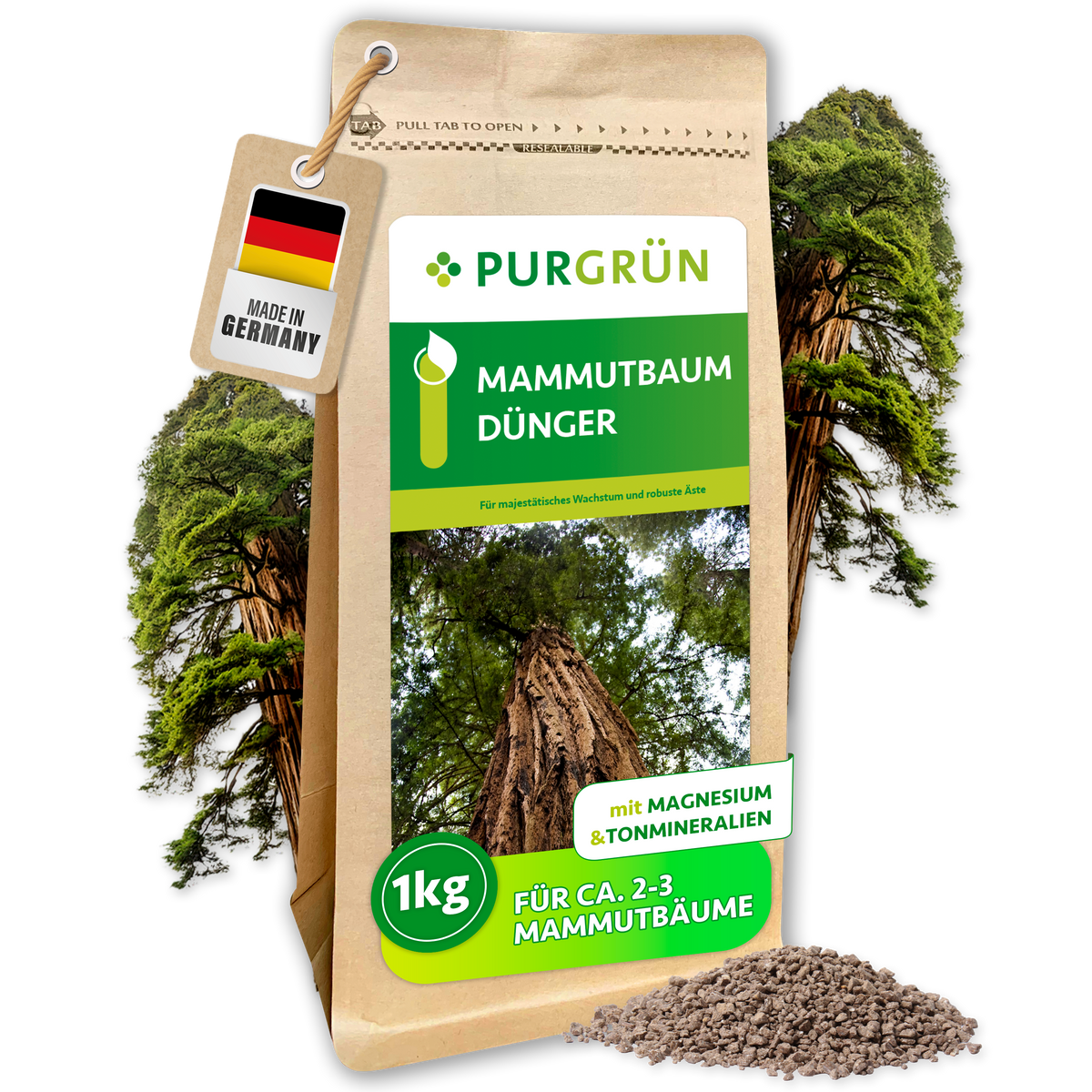 Purgrün Mammutbaum-Dünger im 1-kg-Beutel für ca. 2–3 Mammutbäume, mit Magnesium und Tonmineralien.