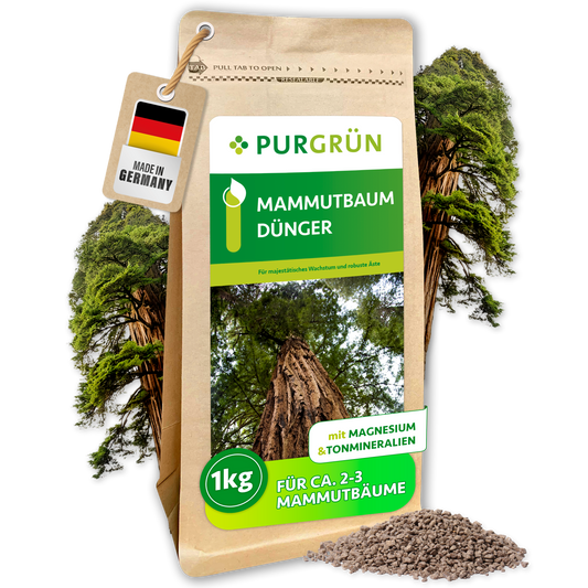 Purgrün Mammutbaum-Dünger im 1-kg-Beutel für ca. 2–3 Mammutbäume, mit Magnesium und Tonmineralien.