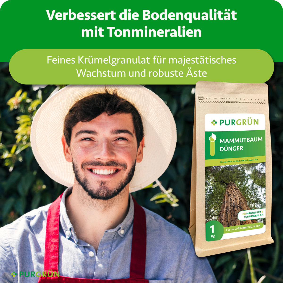 Tonmineralien verbessern die Bodenqualität; feines Krümelgranulat ist für majestätisches Wachstum und robuste Äste bestimmt.