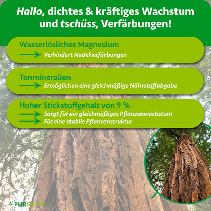 Wasserlösliches Magnesium verhindert Nadelverfärbungen, Tonmineralien ermöglichen eine gleichmäßige Nährstoffabgabe und 9 % Stickstoff sorgen für gleichmäßiges Wachstum und eine stabile Pflanzenstruktur.