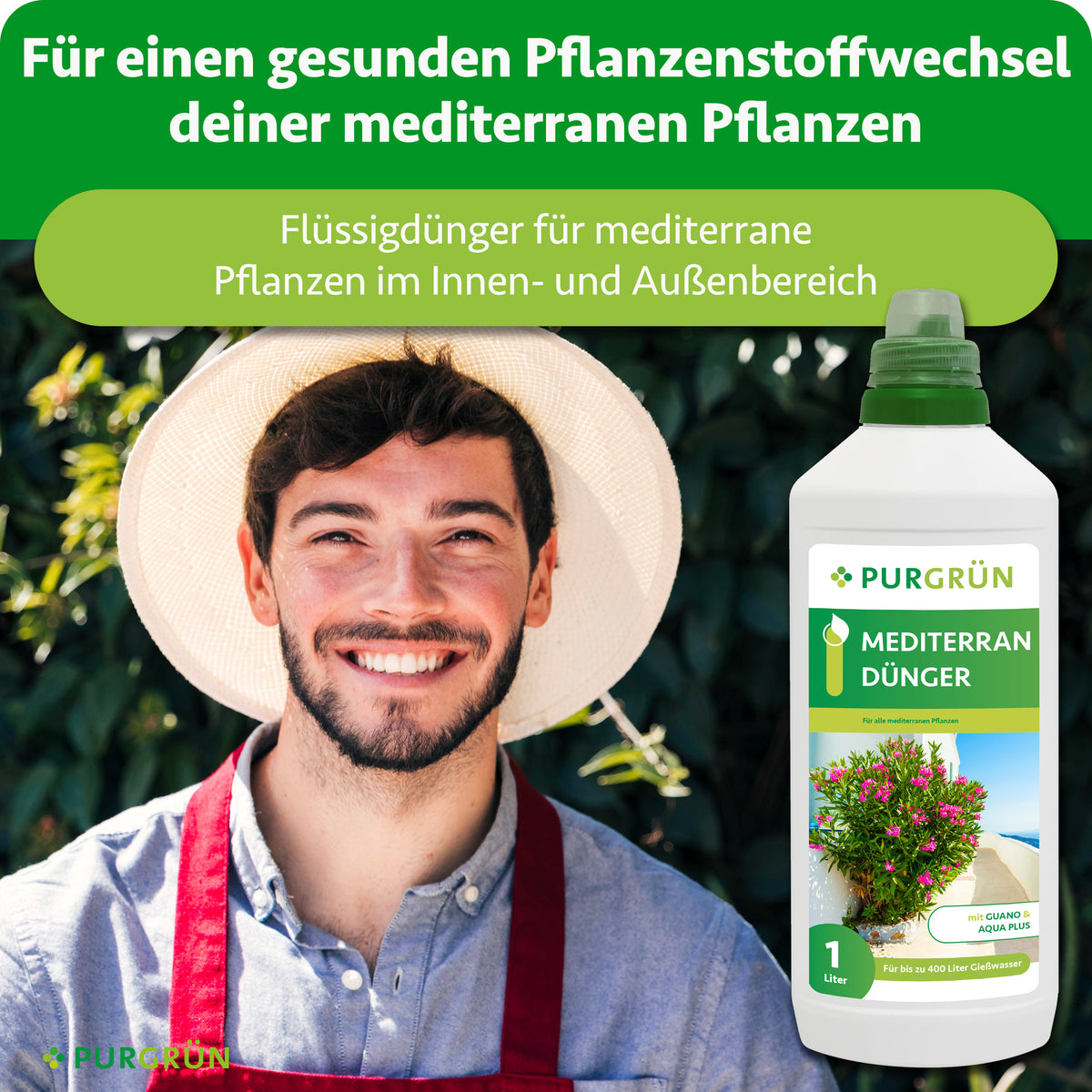 Lächelnder Gärtner neben dem Flüssigdünger für mediterrane Pflanzen im Innen- und Außenbereich.