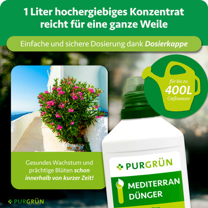 Ein Liter hochergiebiges Konzentrat mit Dosierkappe reicht für bis zu 400 Liter Gießwasser.