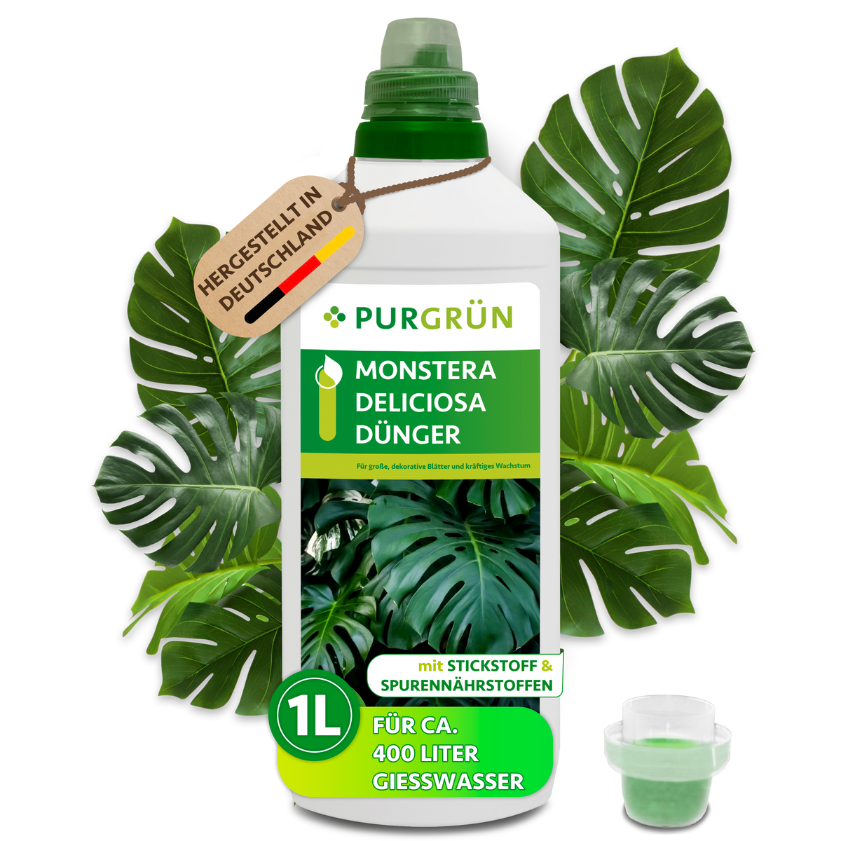 Purgrün Monstera-Deliciosa-Dünger im 1-Liter-Gebinde mit Dosierkappe, ausreichend für ca. 400 Liter Gießwasser.