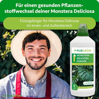 Flüssigdünger für Monstera Deliciosa im Innen- und Außenbereich, dargestellt neben einem lächelnden Gärtner.