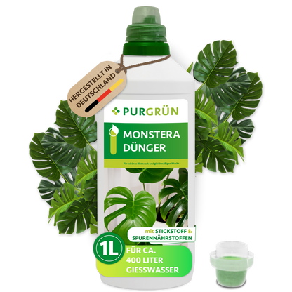Purgrün Monstera-Dünger in der 1-Liter-Flasche mit Dosierkappe; reicht laut Etikett für ca. 400 Liter Gießwasser.