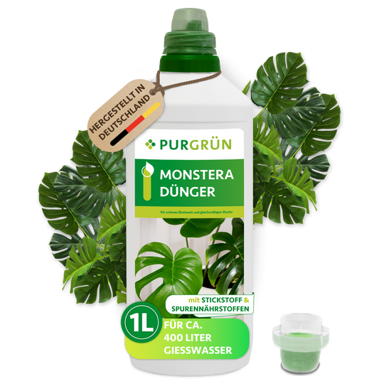 Purgrün Monstera-Dünger in der 1-Liter-Flasche mit Dosierkappe; reicht laut Etikett für ca. 400 Liter Gießwasser.
