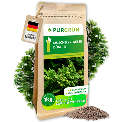 Purgrün Muschelzypresse-Dünger im 1-kg-Beutel mit feinem Granulat und grünen Muschelzypressenzweigen; ausreichend für ca. 2–3 Muschelzypressen.