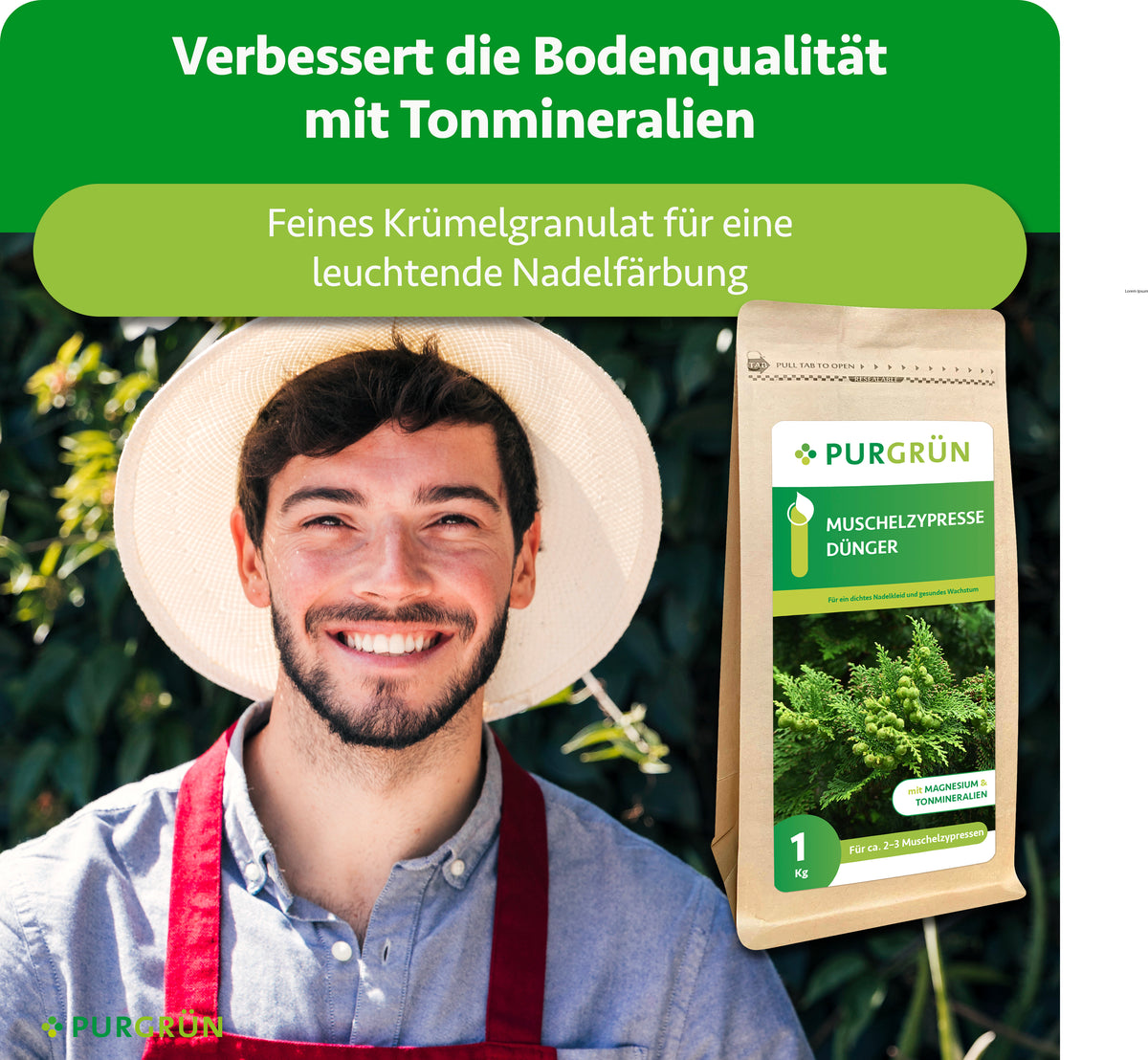 Muschelzypresse-Dünger neben einem Gärtner; Tonmineralien verbessern die Bodenqualität, feines Krümelgranulat unterstützt eine leuchtende Nadelfärbung.