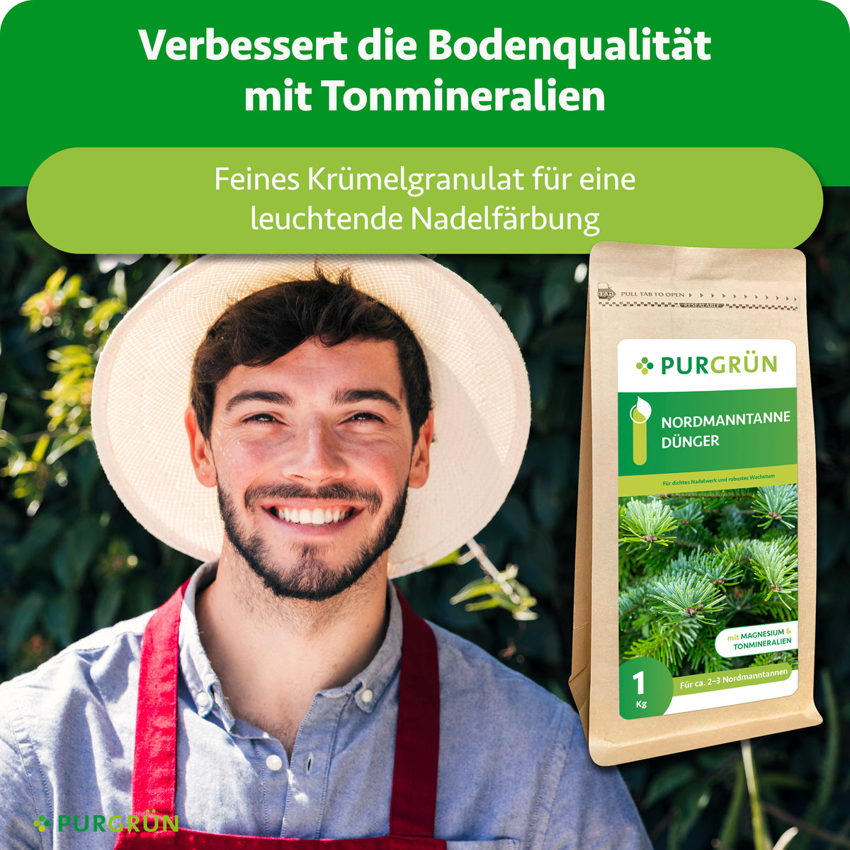 Feines Krümelgranulat mit Tonmineralien verbessert die Bodenqualität und sorgt für eine leuchtende Nadelfärbung.