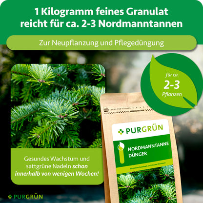 1 kg Granulat reicht für ca. 2–3 Nordmanntannen und eignet sich zur Neupflanzung und Pflegedüngung.
