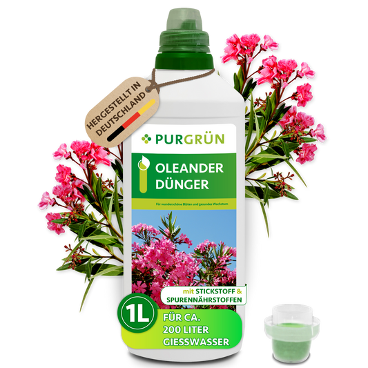 Purgrün Oleander-Dünger in der 1-Liter-Flasche mit Dosierkappe vor rosa Oleanderblüten, für ca. 200 Liter Gießwasser.