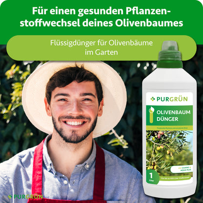 Lächelnder Gärtner neben dem Flüssigdünger für Olivenbäume im Garten, beworben für einen gesunden Pflanzenstoffwechsel.