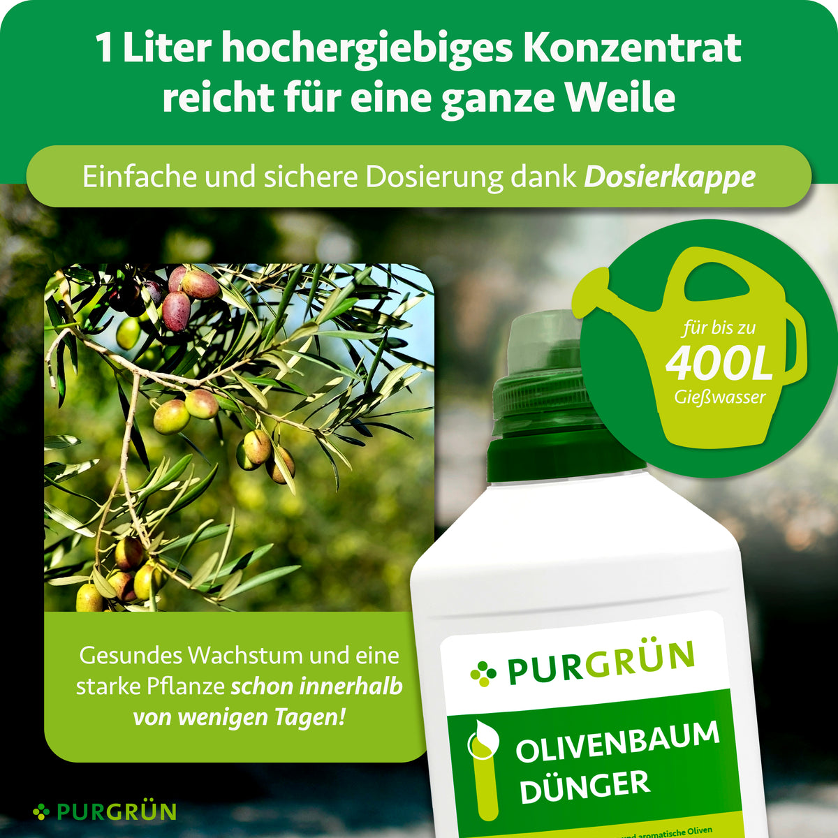 Ein Liter hochergiebiges Konzentrat lässt sich mit der Dosierkappe abmessen und reicht für bis zu 400 Liter Gießwasser.