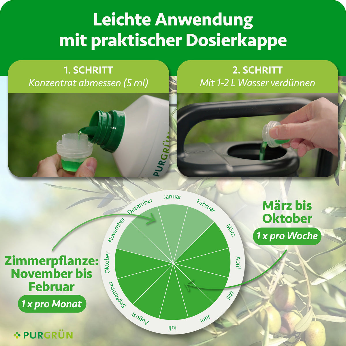5 ml Konzentrat abmessen und mit 1–2 Litern Wasser verdünnen. Von März bis Oktober einmal pro Woche, bei Zimmerpflanzen von November bis Februar einmal pro Monat anwenden.