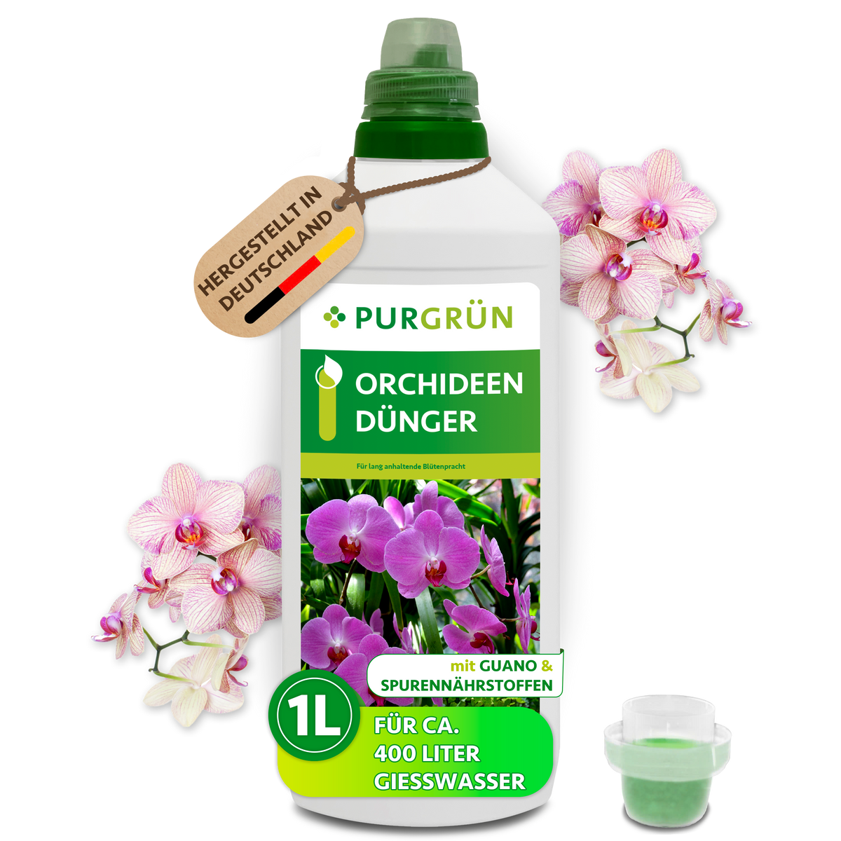 Purgrün Orchideendünger, 1-Liter-Flasche mit Dosierkappe, Guano und Spurennährstoffen; ausreichend für ca. 400 Liter Gießwasser.