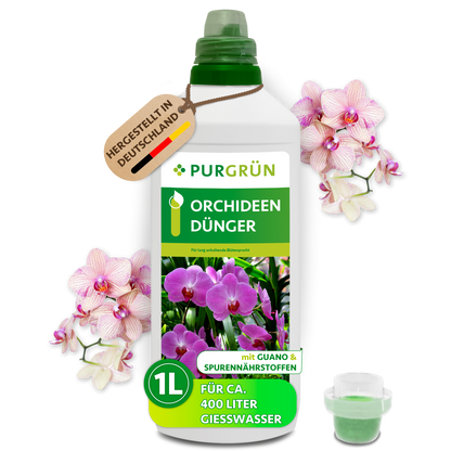 Purgrün Orchideendünger, 1-Liter-Flasche mit Dosierkappe, Guano und Spurennährstoffen; ausreichend für ca. 400 Liter Gießwasser.