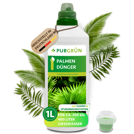 Purgrün Palmendünger 1 Liter – ideal für Zimmer- und Gartenpalmen, angereichert mit Guano, Spurennährstoffen und optimaler Stickstoffversorgung. Inklusive Messkappe und Made in Germany-Etikett, abgebildet mit grünen Palmblättern.