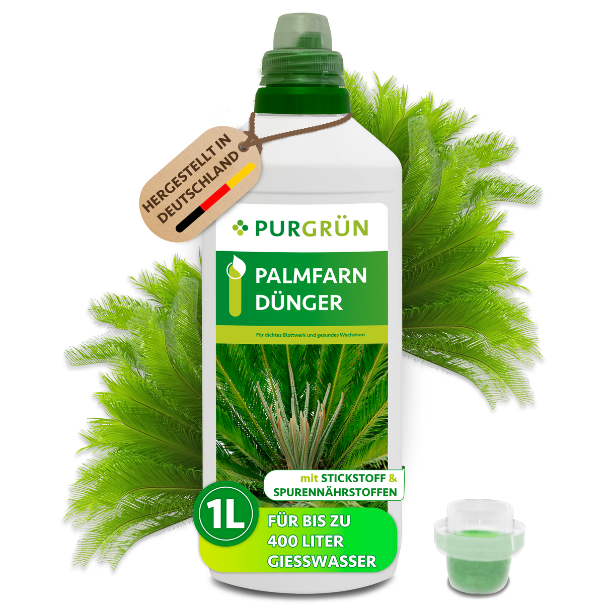 Purgrün Palmfarn-Dünger in der 1-Liter-Flasche mit Dosierkappe; das Konzentrat reicht für bis zu 400 Liter Gießwasser.