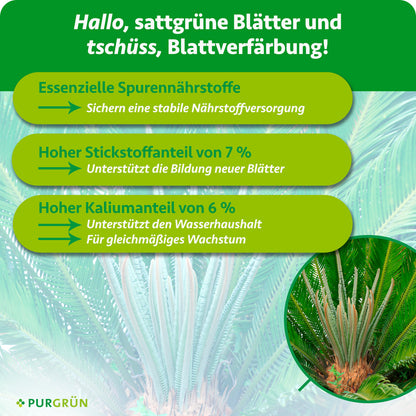 Essenzielle Spurennährstoffe sichern die Nährstoffversorgung; 7 % Stickstoff unterstützen neue Blätter, 6 % Kalium den Wasserhaushalt und gleichmäßiges Wachstum.