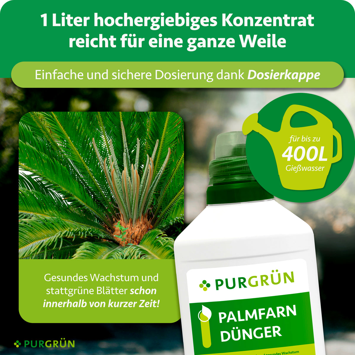 Ein Liter hochergiebiges Konzentrat mit Dosierkappe reicht für bis zu 400 Liter Gießwasser.