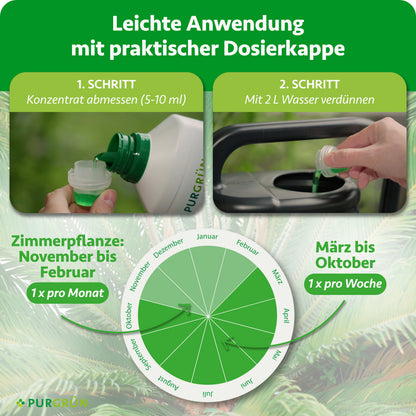 Anwendung: 5–10 ml Konzentrat abmessen und mit 2 Litern Wasser verdünnen; von November bis Februar monatlich, von März bis Oktober wöchentlich anwenden.