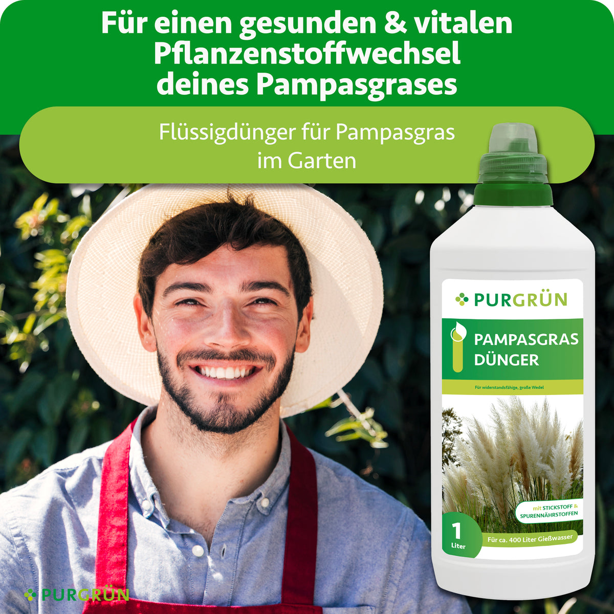Flüssigdünger für Pampasgras im Garten, dargestellt mit Gärtner und 1-Liter-Flasche, für einen gesunden und vitalen Pflanzenstoffwechsel.