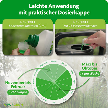 Anwendung: 5 ml Konzentrat mit 2 l Wasser verdünnen; von März bis Oktober einmal pro Woche düngen, von November bis Februar nicht.