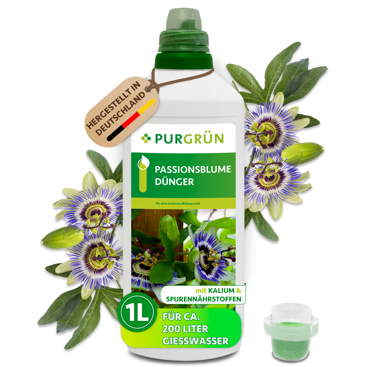 1-Liter-Flasche Purgrün Passionsblume-Dünger mit Dosierkappe und Passionsblüten; reicht für ca. 200 Liter Gießwasser.