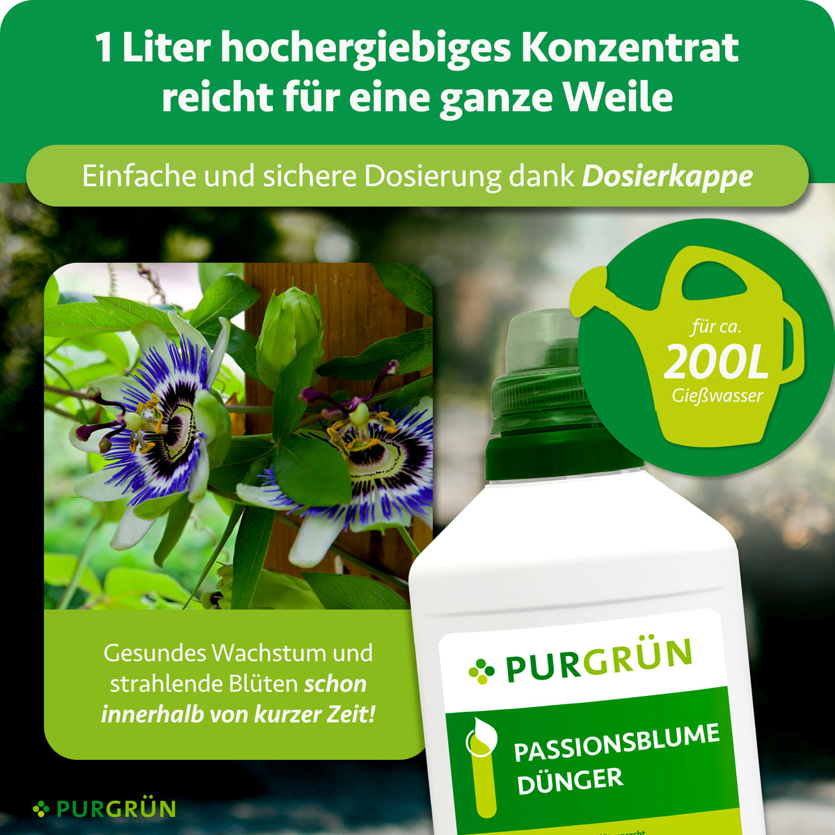 Ein Liter Konzentrat reicht für ca. 200 Liter Gießwasser und lässt sich dank Dosierkappe einfach und sicher dosieren.