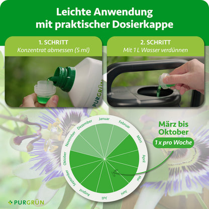 Anwendung: 5 ml Konzentrat abmessen und mit 1 Liter Wasser verdünnen. Von März bis Oktober 1-mal pro Woche anwenden.