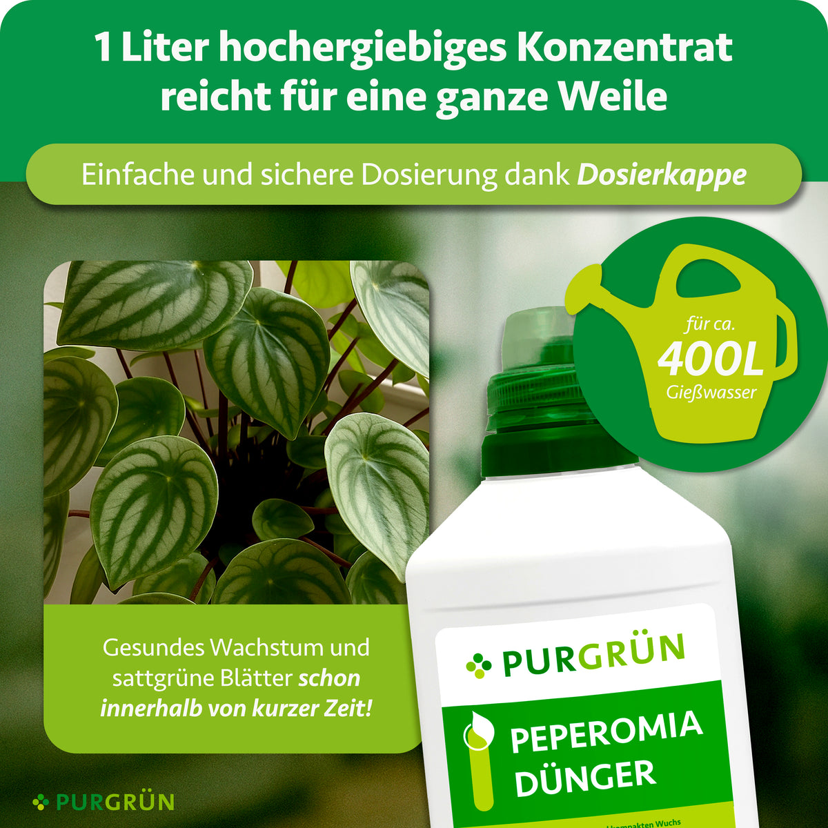 Ein Liter Konzentrat reicht für ca. 400 Liter Gießwasser und lässt sich mit der Dosierkappe einfach und sicher dosieren.