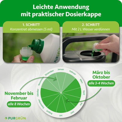 Anwendung: 5 ml Konzentrat abmessen und mit 2 l Wasser verdünnen. Von März bis Oktober alle 3–4 Wochen, von November bis Februar alle 8 Wochen düngen.