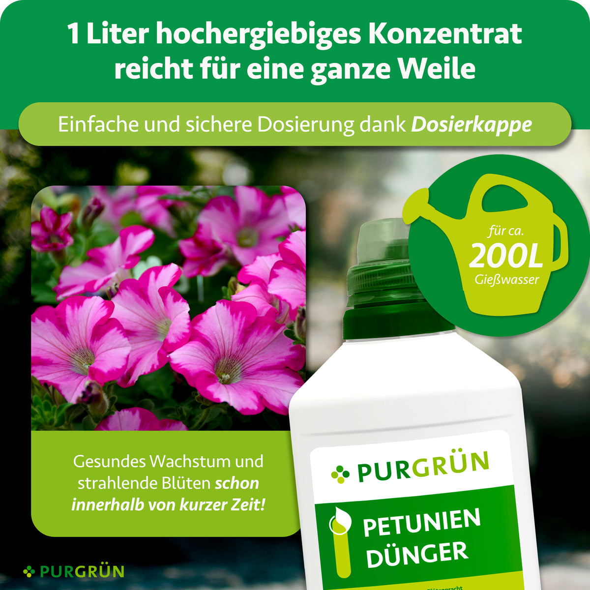 1 Liter hochergiebiges Konzentrat mit Dosierkappe reicht für ca. 200 Liter Gießwasser.