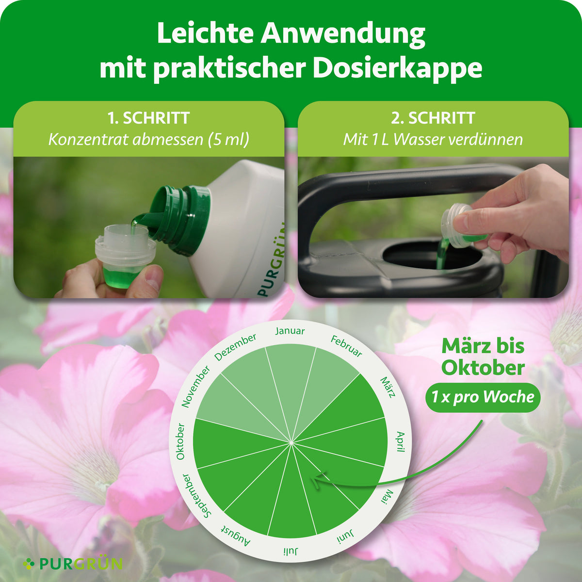 Anwendung: 5 ml Konzentrat abmessen, mit 1 Liter Wasser verdünnen und von März bis Oktober einmal pro Woche düngen.