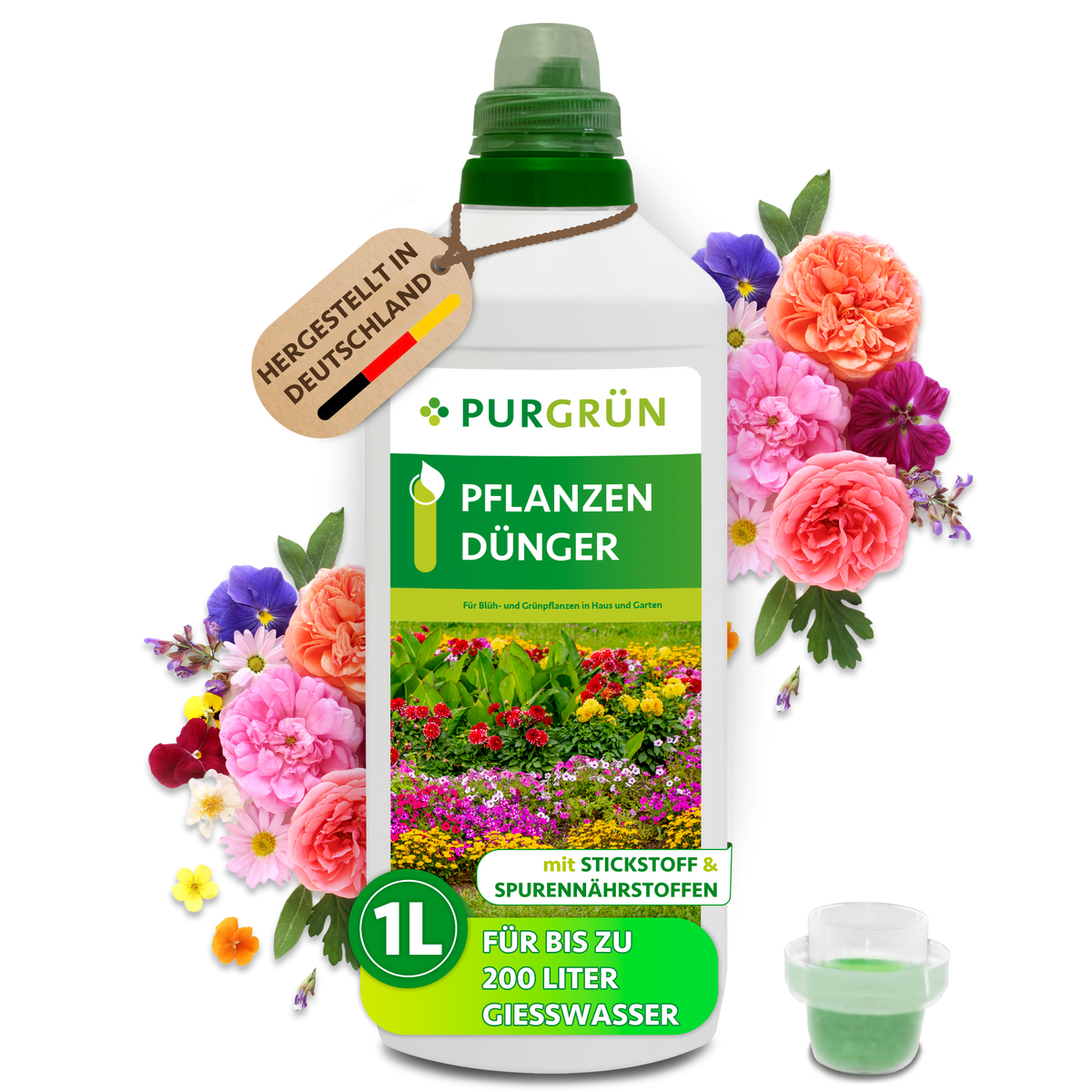 Purgrün Pflanzendünger in der 1-Liter-Flasche mit Dosierkappe, bunten Blüten und Anhänger „Hergestellt in Deutschland“.