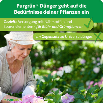 Eine Frau pflegt Blühpflanzen; Purgrün Dünger versorgt Blüh- und Grünpflanzen gezielt mit Nährstoffen und Spurenelementen statt mit Universaldünger.